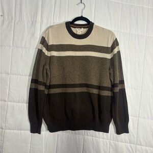 Classic Preppy Dockers Men's Brown & Cream Striped Crewneck Knit Retro Sweater